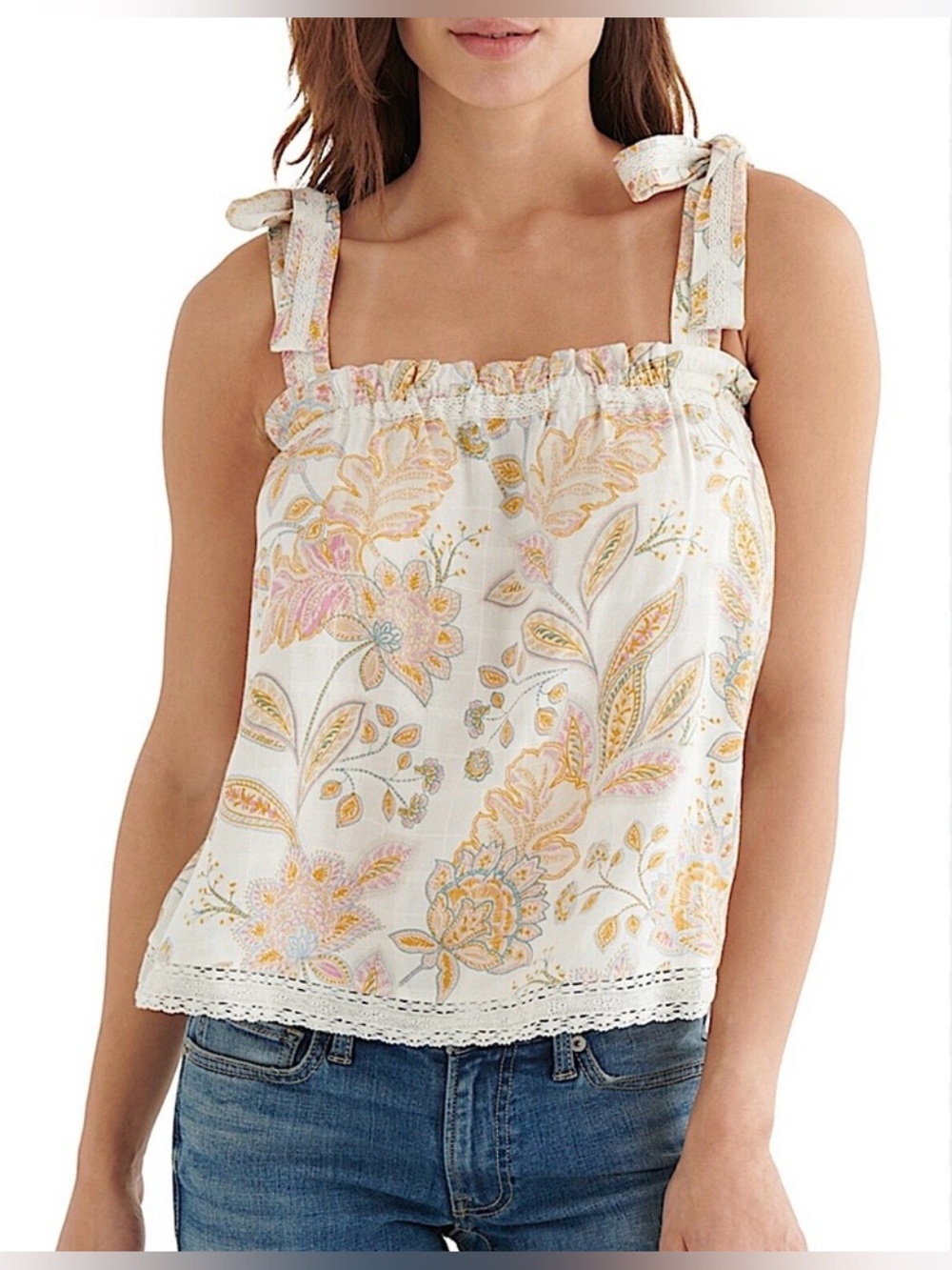 NWT Lucky Brand White Floral Tie-Shoulder Tank Camisole with Pink & Gold Accents